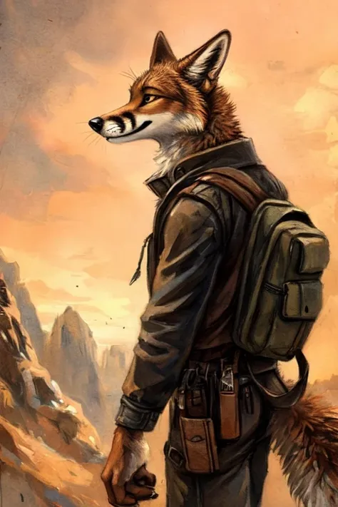 By kenket, rukis, Fox robot , anthropomorphic, coyote, adventurer, full body, mature male, short jacket, canvas trousers, small backpack on the back, leather belt, short sword on the belt