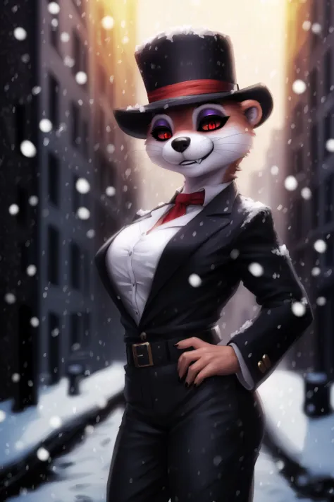 detective otter, detective clothes, detective hat, anthro, female, (3d), (detailed dark urban background:1.2), dramatic lighting, (detailed fluffy fur:1.1), snowing, asian eyes, eyeshadow, realistic fur, grin, full body, red pupil, black sclera, sexy pose, shortstackbt , short, <lora:shortstackBT-13:1>