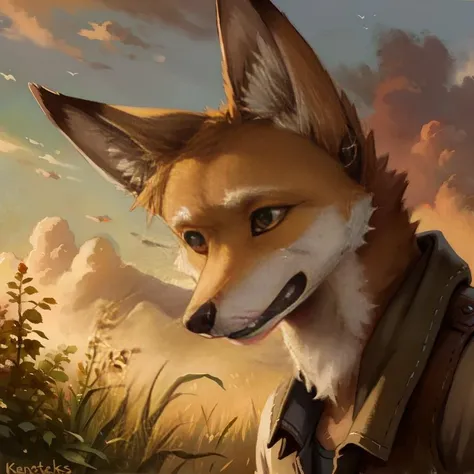 By mystery dog, kenket, rukis, Fox robot , anthropomorphic, in the style of Kevin final spase wiki,