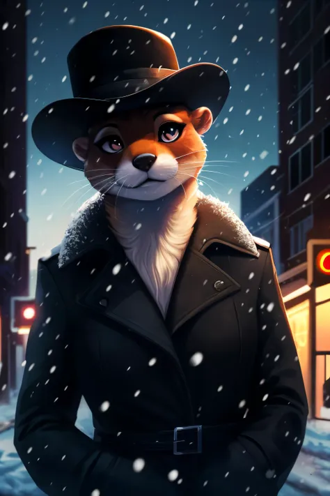 detective otter, detective hat, anthro, female, (best quality), (detailed dark urban background:1.2), dramatic lighting, (detailed fluffy fur:1.1), snowing, asian eyes, eyeshadow