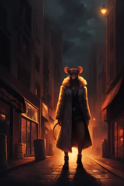 rat, anthro, female, fur coat, (best quality), (detailed urban background:1.2), dramatic lighting, (detailed fluffy fur:1.1), (fantasy:1.2)