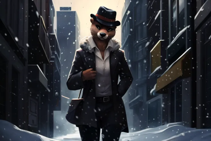 detective otter, detective hat, anthro, female, (best quality), (detailed dark urban background:1.2), dramatic lighting, (detailed fluffy fur:1.1), snowing