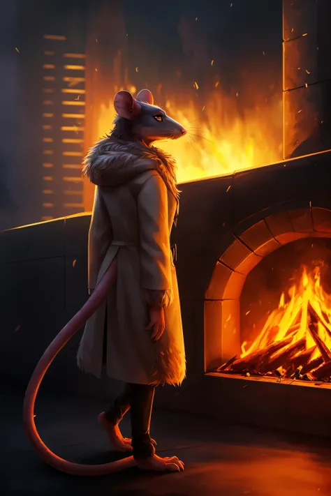 rat, anthro, female, fur coat, (best quality), (detailed fire urban background:1.2), dramatic lighting, (detailed fluffy fur:1.1), (fantasy:1.2)
