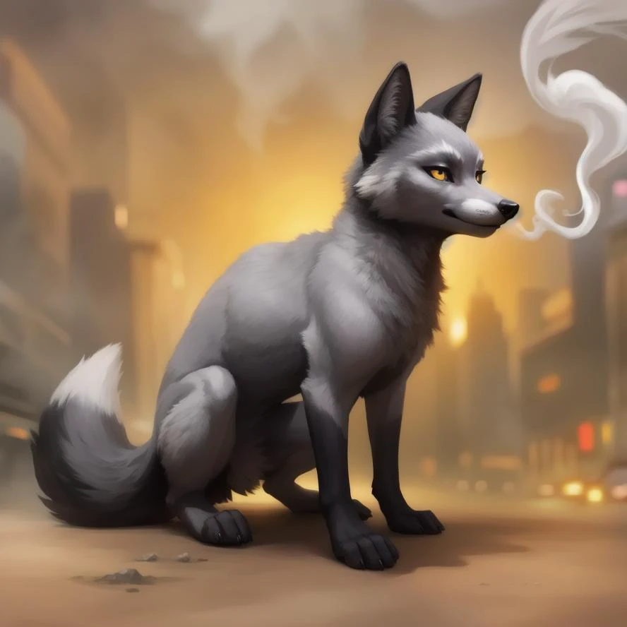 a full body of a feral silver fox disolving in to smoke,