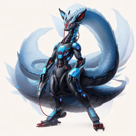 <lora:KuramaFRL27nO:1> full body, kitsune, blue base, black marks, hibrid, red eyes, robotic, solo, simple white background, kitsune tails, kurama, multiple tails, large catfish whiskers <lora:more_details:1>,