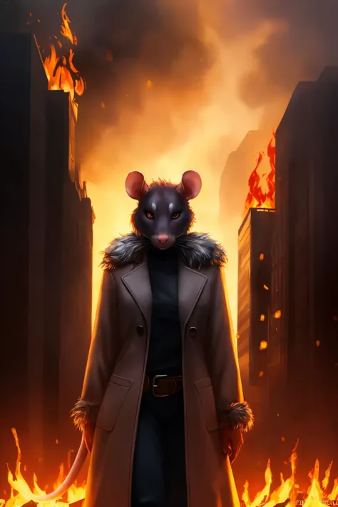 rat, anthro, female, fur coat, (best quality), (detailed fire urban background:1.2), dramatic lighting, (detailed fluffy fur:1.1), (fantasy:1.2)