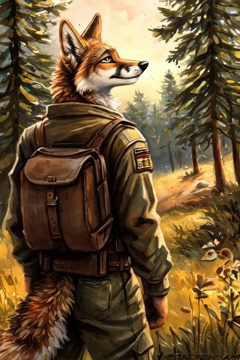 By kenket, rukis, Fox robot , anthropomorphic, coyote, adventurer, full body, mature male, short jacket, canvas trousers, small backpack on the back, leather belt, short sword on the belt