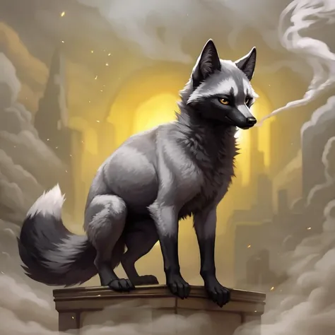 a full body of a feral silver fox disolving in to smoke, green eyes