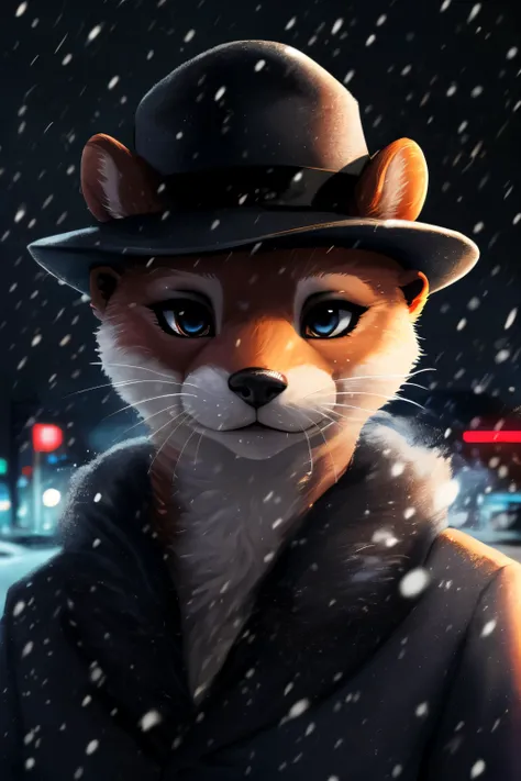 detective otter, detective hat, anthro, female, (best quality), (detailed dark urban background:1.2), dramatic lighting, (detailed fluffy fur:1.1), snowing, asian eyes, eyeshadow