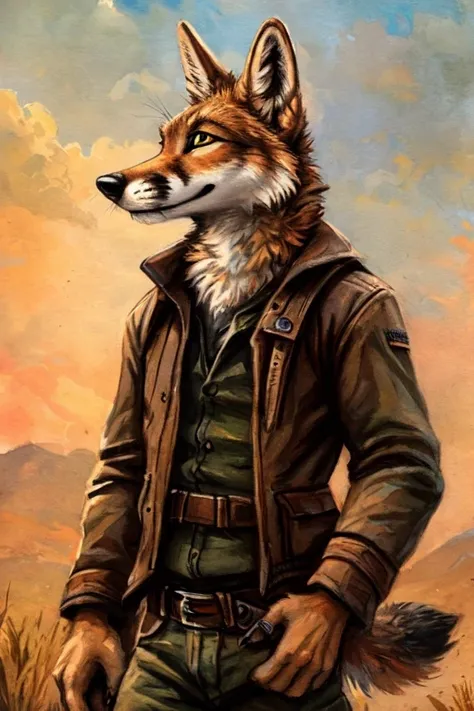 By kenket, rukis, Fox robot , anthropomorphic, coyote, adventurer, full body, mature male, short jacket, canvas trousers, small backpack on the back, leather belt, short sword on the belt