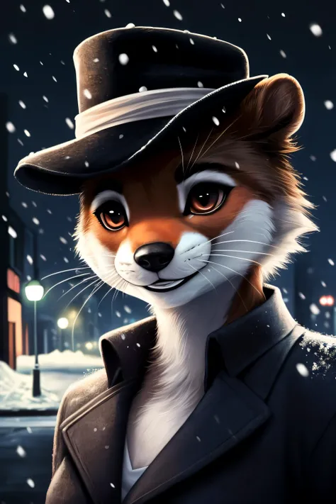 detective otter, detective hat, anthro, female, (best quality), (detailed dark urban background:1.2), dramatic lighting, (detailed fluffy fur:1.1), snowing, asian eyes, eyeshadow, realistic fur, grin