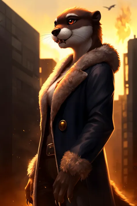 otter, detective,claws, attack, fangs, anthro, female, fur coat, (best quality), (detailed fire urban background:1.2), dramatic lighting, (detailed fluffy fur:1.1), (fantasy:1.2)