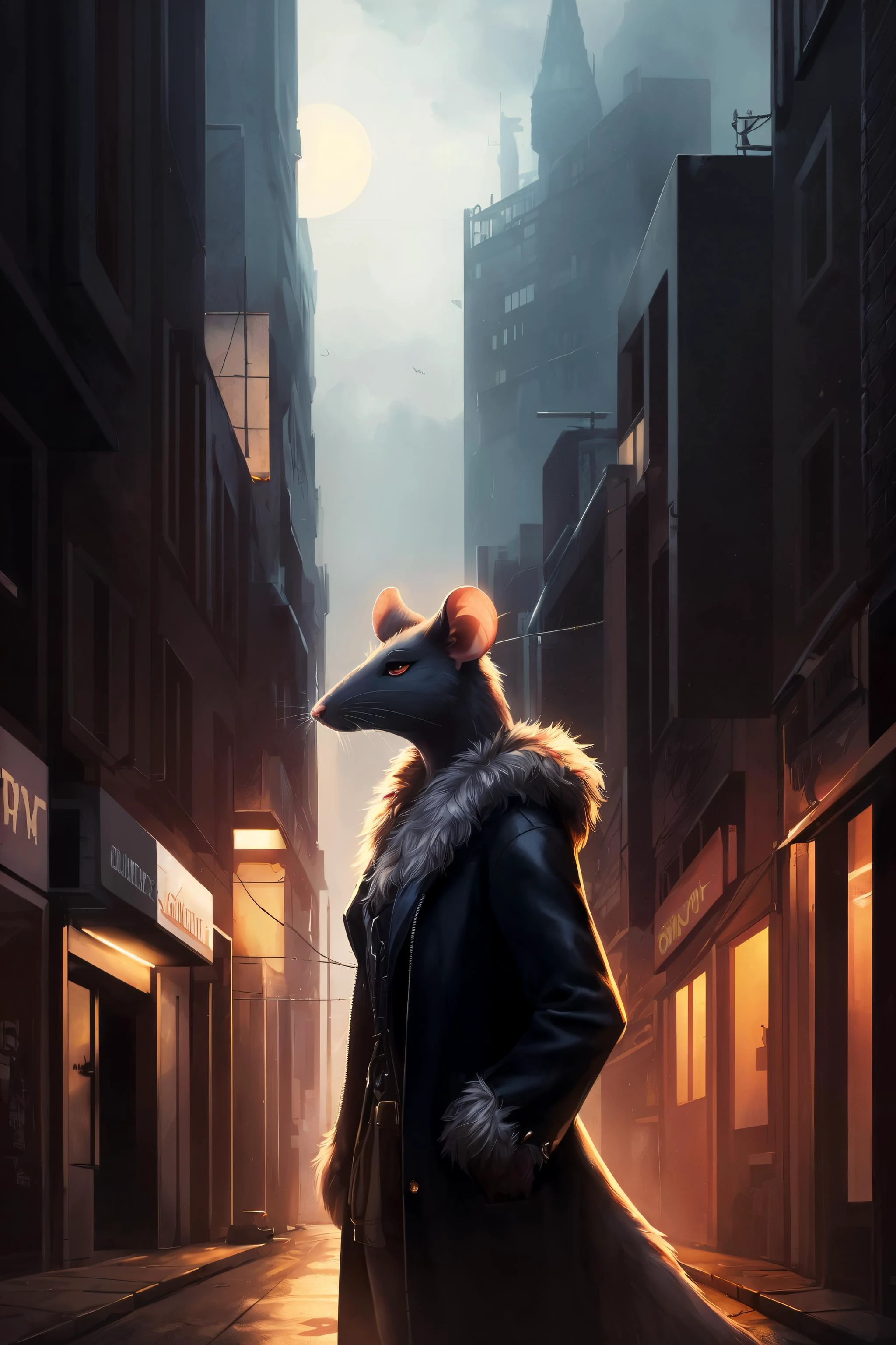 rat, anthro, female, fur coat, (best quality), (detailed urban background:1.2), dramatic lighting, (detailed fluffy fur:1.1), (fantasy:1.2)