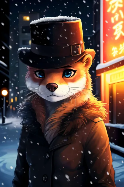 detective otter, detective hat, anthro, female, (best quality), (detailed dark urban background:1.2), dramatic lighting, (detailed fluffy fur:1.1), snowing, asian eyes, eyeshadow