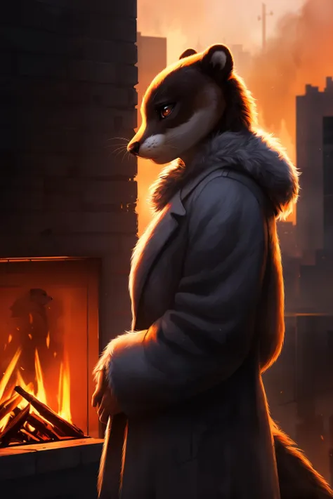 otter, detective, anthro, female, fur coat, (best quality), (detailed fire urban background:1.2), dramatic lighting, (detailed fluffy fur:1.1), (fantasy:1.2)