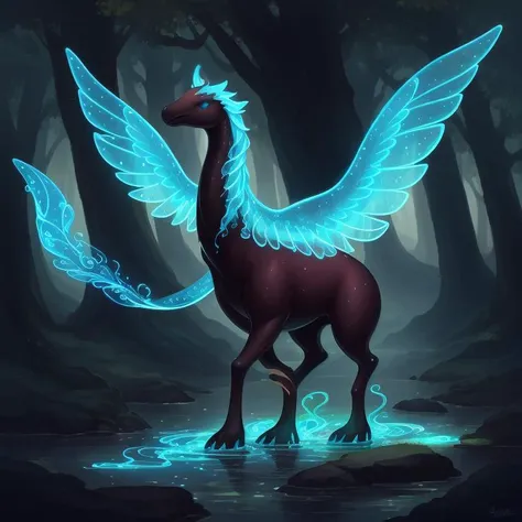 a full body a fusion of Griffonshire, Chocolate mousse, with A creature with an elongated, eel-like body and bioluminescent patterns that pulsate along its sleek form. with a Ethereal head with a misty form and a serene expression a Luminescent, celestial wings crafted from stardust, radiating a mesmerizing cosmic glow. A tail resembling a flowing, ethereal ribbon, constantly changing color and shape, as if guided by unseen forces. and Horns with a smoky, translucent quality, appearing as if made of swirling mist.,
