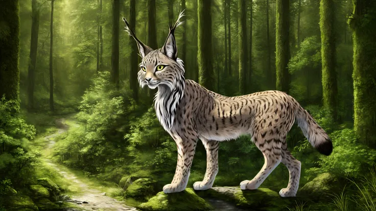 (lynx), (solo), (((fur))), forest, anatomically correct, masterpiece, best quality, photorealistic, hyperrealistic, ultradetailed, detailed background, photo background, digital drawing (artwork),