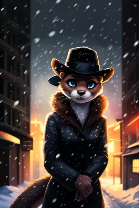 detective otter, detective hat, anthro, female, (best quality), (detailed dark urban background:1.2), dramatic lighting, (detailed fluffy fur:1.1), snowing, asian eyes, eyeshadow