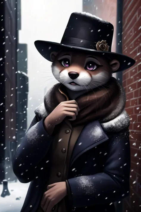 detective otter, detective hat, anthro, female, (best quality), (detailed dark urban background:1.2), dramatic lighting, (detailed fluffy fur:1.1), snowing, asian eyes, eyeshadow