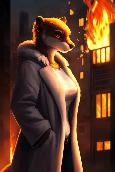 otter, detective, anthro, female, fur coat, (best quality), (detailed fire urban background:1.2), dramatic lighting, (detailed fluffy fur:1.1), (fantasy:1.2)