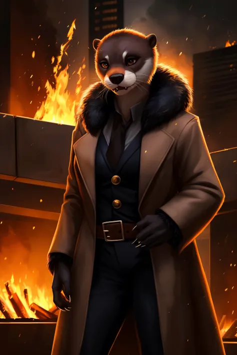 otter, detective,claws, fangs, anthro, female, fur coat, (best quality), (detailed fire urban background:1.2), dramatic lighting, (detailed fluffy fur:1.1), (fantasy:1.2)