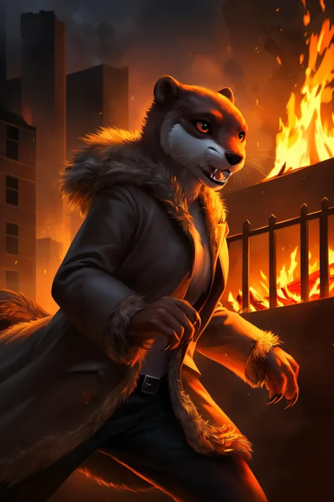 otter, detective,claws, attack, fangs, anthro, female, fur coat, (best quality), (detailed fire urban background:1.2), dramatic lighting, (detailed fluffy fur:1.1), (fantasy:1.2)
