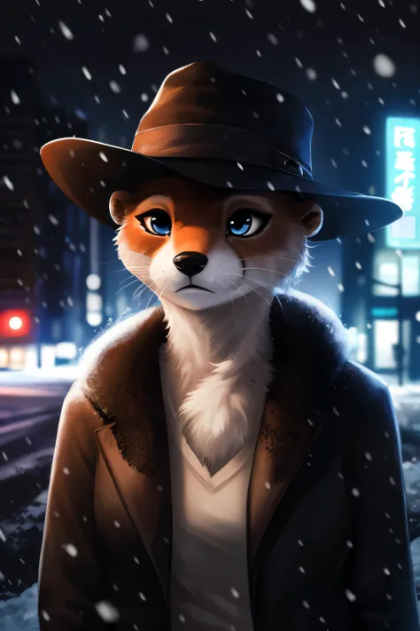 detective otter, detective hat, anthro, female, (best quality), (detailed dark urban background:1.2), dramatic lighting, (detailed fluffy fur:1.1), snowing, asian eyes, eyeshadow