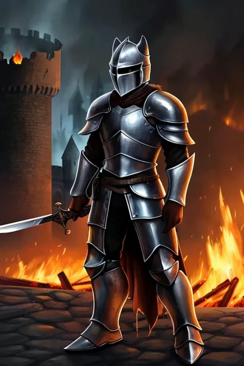 cat in armor, full armor, (helmet:1.2), crestfallen, dark knight, solo, (body fur:1.2), (best quality), sad contex, (detailed fire ruined castle background:1.2), (detailed fluffy fur:1.1), tail, sad,sword in hand