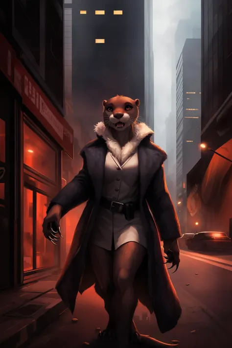 otter, detective,claws, attack, fangs, anthro, female, fur coat, (best quality), (detailed urban background:1.2), dramatic lighting, (detailed fluffy fur:1.1), (fantasy:1.2)