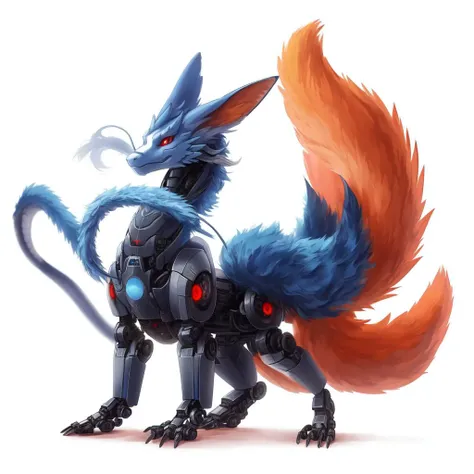 <lora:KuramaFRL27nO:1> full body, kitsune, blue base, black marks, hibrid, red eyes, robotic, solo, simple white background, kitsune tails, kurama, multiple tails, large catfish whiskers <lora:more_details:1>,
