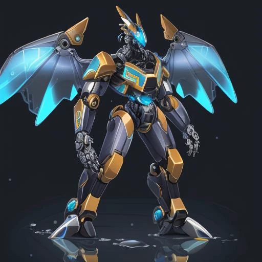 a full body of a (A mechanical being with a metallic exoskeleton, bristling with an array of razor-sharp blades and appendages.:1.5) with a (A head with the ethereal, translucent appearance of a water droplet, capturing the essence of purity and fluidity.:1.3) a (Metallic, robotic wings with intricate mechanisms and articulations, designed for precise maneuverability. A tail with a series of interlocking, metallic rings, reminiscent of an ancient artifact. and Horn with an intricate, labyrinthine pattern, symbolizing mystery and complexity:1.2), no background, solo,  Masterpieces, 8k, best quality, hyperrealistic, digital art, dynamic lights, cinematic lights, dynamic lighting, cinematic lighting, cinematic foreshortening, dynamic foreshortening, Highly realistic, Highly extremely detailed, 3d render, dynamic poses, extremely detailed face, expressive eyes,