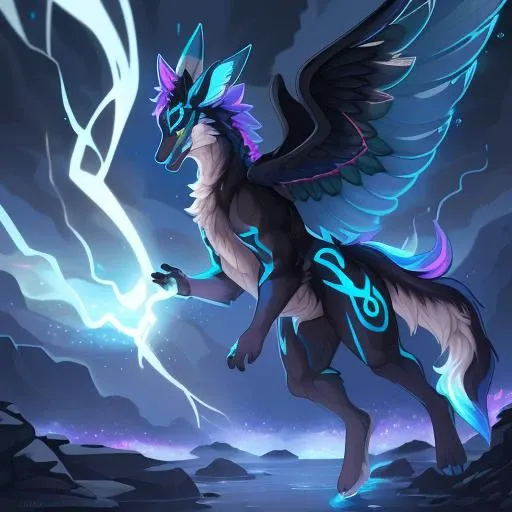 a full body of a (A creature with an expanse of shimmering, iridescent fur that changes color with movement.:1.5) with a (A head with the intricate, interwoven patterns of a Celtic knot, symbolizing eternity and interconnectedness.:1.3) a (Energetic wings with crackling lightning patterns, reflecting the electrifying power of a Raiju.:1.2), no background, solo, Masterpieces, 8k, best quality, hyperrealistic, digital art, dynamic lights, cinematic lights, dynamic lighting, cinematic lighting, cinematic foreshortening, dynamic foreshortening, Highly realistic, Highly extremely detailed, 3d render, dynamic poses, extremely detailed face, expressive eyes,