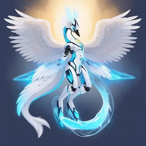 a full body of a (A robotic construct with a modular and adaptable body, capable of transforming into different configurations.:1.5) with a (Ethereal head with a flowing, ever-changing form, radiant glows, and an otherworldly elegance:1.3) a (Elongated and graceful wings reminiscent of a swan, with pristine white feathers. and A tail with an amorphous, ever-changing shape, resembling swirling smoke or mist.:1.2), no background, solo, Masterpieces, 8k, best quality, hyperrealistic, digital art, dynamic lights, cinematic lights, dynamic lighting, cinematic lighting, cinematic foreshortening, dynamic foreshortening, Highly realistic, Highly extremely detailed, 3d render, dynamic poses, extremely detailed face, expressive eyes,