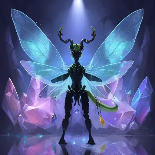 a full body of a (A creature with a slender, insectoid body and a set of delicate, transparent wings.:1.5) with a (A head with the mesmerizing, multi-faceted eyes of a dragonfly, reflecting light in various hues.:1.3) a (Crystal wings composed of faceted gemstones, refracting light into a dazzling display. and Horn with an intricate, labyrinthine pattern, symbolizing mystery and complexity:1.2), no background, solo, Masterpieces, 8k, best quality, hyperrealistic, digital art, dynamic lights, cinematic lights, dynamic lighting, cinematic lighting, cinematic foreshortening, dynamic foreshortening, Highly realistic, Highly extremely detailed, 3d render, dynamic poses, extremely detailed face, expressive eyes,