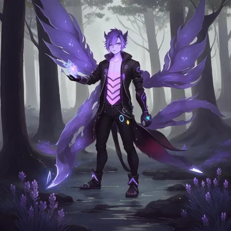 A full body of a huge, entity made of energy human, yokai fish, looks like a fusion of Lavender, Technomancer avatar_,
