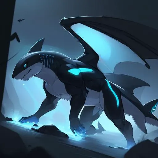 a full body of a (A creature with a bioluminescent body, emitting a soft and radiant glow that illuminates its surroundings, its ethereal light guiding the way through darkness.:1.5) with a (A head with the sleek, streamlined features of a shark, evoking a sense of danger and primal instinct.:1.3) a (Irregular and asymmetrical wings, each side different from the other, creating a unique and unconventional appearance. A tail that extends into a series of shimmering, crystalline prisms, refracting light and casting dazzling rainbows in all directions. and Elaborate, regal horns with a symmetrical design, adorned with intricate engravings and patterns.:1.2), no background, solo, Masterpieces, 8k, best quality, hyperrealistic, digital art, dynamic lights, cinematic lights, dynamic lighting, cinematic lighting, cinematic foreshortening, dynamic foreshortening, Highly realistic, Highly extremely detailed, 3d render, dynamic poses, extremely detailed face, expressive eyes,