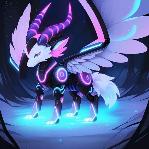 a full body of a (A robotic entity with a sleek, metallic body and glowing, neon accents.:1.5) with a (A head with the radiant, glowing core of a star, emitting a brilliant light and heat.:1.3) a (Elusive wings with shifting illusions, evoking the mischievous nature of a Kitsune. and Spiral-shaped horn with iridescent hues resembling a unicorn's horn:1.2), no background, solo,  Masterpieces, 8k, best quality, hyperrealistic, digital art, dynamic lights, cinematic lights, dynamic lighting, cinematic lighting, cinematic foreshortening, dynamic foreshortening, Highly realistic, Highly extremely detailed, 3d render, dynamic poses, extremely detailed face, expressive eyes,