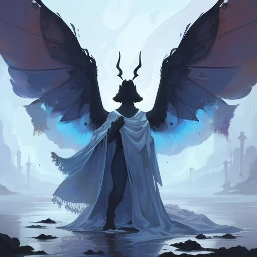 a full body of a (A ghostly figure draped in tattered, ethereal robes, billowing with an unseen wind.:1.5) with a (Abstract head with bold, unconventional shapes, abstract patterns, and a captivating sense of creativity:1.3) a (Tattered, moth-like wings with intricate patterns, reflecting the ethereal beauty of a Bakezori.:1.2), no background, solo, Masterpieces, 8k, best quality, hyperrealistic, digital art, dynamic lights, cinematic lights, dynamic lighting, cinematic lighting, cinematic foreshortening, dynamic foreshortening, Highly realistic, Highly extremely detailed, 3d render, dynamic poses, extremely detailed face, expressive eyes,