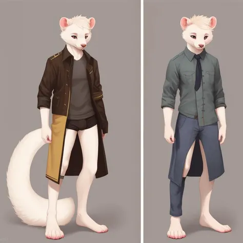 full body image of a white albino ferret, with human clothes