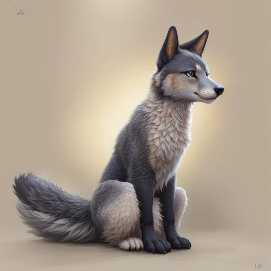 a full body of a feral silver fox disolving in to smoke,