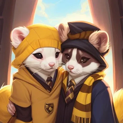 a ferret with hufflepuff robbes,