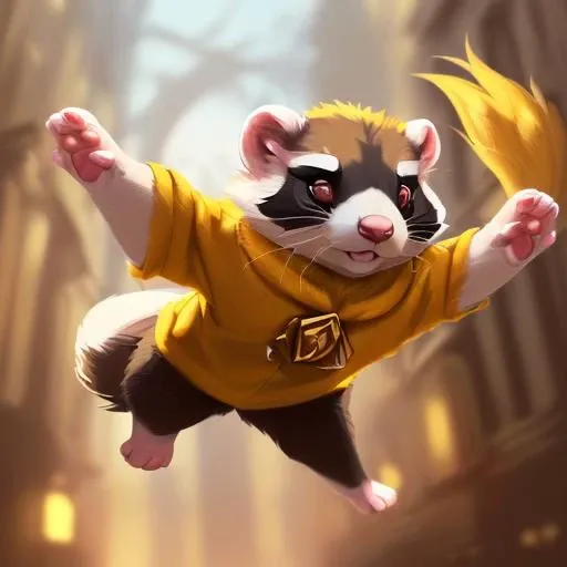 (a full body of a ferret with hufflepuff robbes,:1.5) <lora:OpenJourney-LORA:1>, (furaffinity, hyperdetailed, award-winning work, artstation, pinterest, deviantart, masterpiece, beautiful, incredible, wonderful, cinematic lights, dynamic lighting, colorful, brilliant,:1.1) (detailed and well-drawn face, detailed and well-drawn head, detailed and well-drawn hands, anatomically correct, detailed and well-drawn body, depth of field, high contrast between figure and background, detailed foreground subject, dynamic foreshortening, blurred background,:1.1)