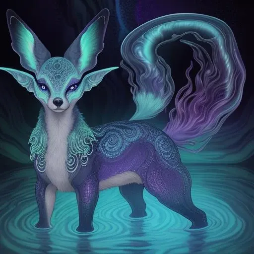 Alien, dog, fox, water-made ears, fire-made tail, intricate detailing, vibrant colors, unique patterns, textures, iridescent hues, deep blues, radiant purples, shimmering greens, fantastical creature, otherworldly beauty, extraterrestrial elements, familiar features.