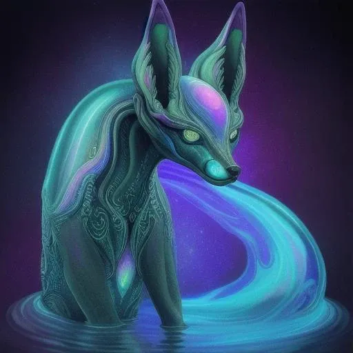 Alien, dog, fox, water-made ears, fire-made tail, intricate detailing, vibrant colors, unique patterns, textures, iridescent hues, deep blues, radiant purples, shimmering greens, fantastical creature, otherworldly beauty, extraterrestrial elements, familiar features.