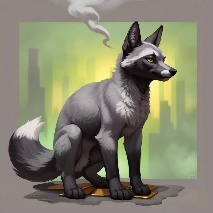 a full body of a feral silver fox disolving in to smoke, green eyes