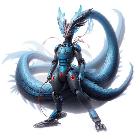 <lora:KuramaFRL27nO:1> full body, kitsune, blue base, black marks, hibrid, red eyes, robotic, solo, simple white background, kitsune tails, kurama, multiple tails, large catfish whiskers <lora:more_details:1>,