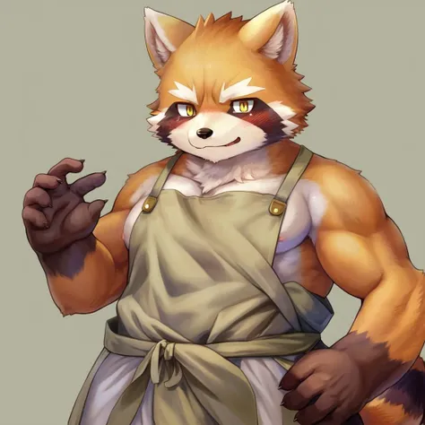 kemono,racoon,apron,yellow eyes,male,kemono style,(full body,:1.5)