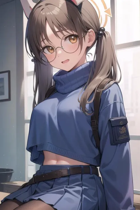 moekazekura, <lora:moekazekura-lora-nochekaiser:1>,
moe kazekura, animal ears, (brown eyes:1.5), brown hair, fake animal ears, glasses, hair bobbles, hair ornament, halo, long hair, rabbit ears, round eyewear, twintails,
BREAK belt, black pantyhose, blue skirt, blue sweater, glasses, long sleeves, midriff, miniskirt, pantyhose, pleated skirt, ribbed sweater, skirt, sleeves past wrists, sweater, turtleneck, turtleneck sweater,
BREAK looking at viewer, full body,
BREAK indoors,
BREAK <lyco:GoodHands-beta2:1>, (masterpiece:1.2), best quality, high resolution, unity 8k wallpaper, (illustration:0.8), (beautiful detailed eyes:1.6), extremely detailed face, perfect lighting, extremely detailed CG, (perfect hands, perfect anatomy),