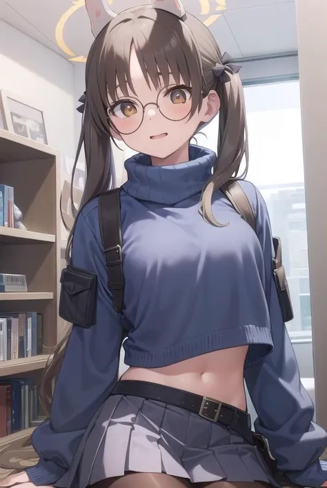 moekazekura, <lora:moekazekura-lora-nochekaiser:1>,
moe kazekura, animal ears, (brown eyes:1.5), brown hair, fake animal ears, glasses, hair bobbles, hair ornament, halo, long hair, rabbit ears, round eyewear, twintails,
BREAK belt, black pantyhose, blue skirt, blue sweater, glasses, long sleeves, midriff, miniskirt, pantyhose, pleated skirt, ribbed sweater, skirt, sleeves past wrists, sweater, turtleneck, turtleneck sweater,
BREAK looking at viewer, full body,
BREAK indoors,
BREAK <lyco:GoodHands-beta2:1>, (masterpiece:1.2), best quality, high resolution, unity 8k wallpaper, (illustration:0.8), (beautiful detailed eyes:1.6), extremely detailed face, perfect lighting, extremely detailed CG, (perfect hands, perfect anatomy),