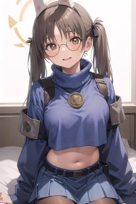 moekazekura, <lora:moekazekura-lora-nochekaiser:1>,
moe kazekura, animal ears, (brown eyes:1.5), brown hair, fake animal ears, glasses, hair bobbles, hair ornament, halo, long hair, rabbit ears, round eyewear, twintails,
BREAK belt, black pantyhose, blue skirt, blue sweater, glasses, long sleeves, midriff, miniskirt, pantyhose, pleated skirt, ribbed sweater, skirt, sleeves past wrists, sweater, turtleneck, turtleneck sweater,
BREAK looking at viewer, full body,
BREAK indoors,
BREAK <lyco:GoodHands-beta2:1>, (masterpiece:1.2), best quality, high resolution, unity 8k wallpaper, (illustration:0.8), (beautiful detailed eyes:1.6), extremely detailed face, perfect lighting, extremely detailed CG, (perfect hands, perfect anatomy),